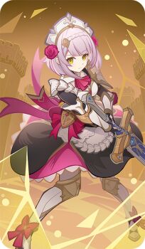 1girl apron armored_boots bad_source black_gloves boots bow closed_mouth dress elbow_gloves flower genshin_impact gloves green_eyes grey_hair hair_flower hair_ornament holding holding_sword holding_weapon looking_at_viewer maid_apron noelle_(genshin_impact) official_art pink_bow pink_flower pink_rose rose short_hair solo standing sword weapon white_apron