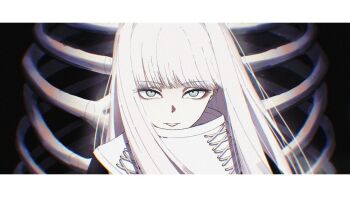 1girl black_background blue_eyes border character_request eyelashes ganetto29 grey_hair kitagawa_marin skeleton solo sono_bisque_doll_wa_koi_wo_suru upper_body white_border