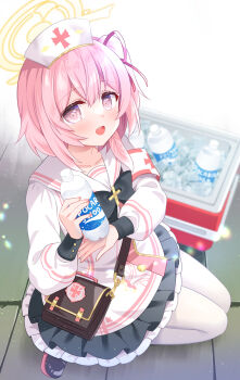 1girl bag black_bow blue_archive blush bottle bow commentary_request cooler frills hair_between_eyes hair_ribbon halo hat highres holding holding_bottle ice ice_cube kneeling long_sleeves looking_at_viewer nurse_cap one_side_up open_mouth pink_eyes pink_hair pocari_sweat red_ribbon ribbon ringo_sui sailor_collar serina_(blue_archive) sitting solo white_sailor_collar