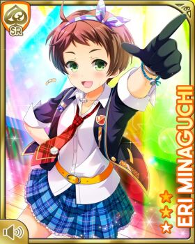 1girl bandaid black_gloves blue_background blue_jacket blue_ribbon bow brown_hair buttons card character_name day girlfriend_(kari) gloves green_background green_eyes hand_on_own_hip head_ribbon indoors jacket minaguchi_eri multicolored_background necktie official_art open_mouth pink_background qp:flapper red_necktie ribbon shirt short_hair smile solo tagme white_shirt wrist_cuffs yellow_background