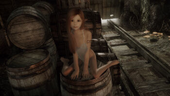 1girl 3d artist_request barrel dark elf flat_chest highres loli looking_at_viewer pointy_ears tagme the_elder_scrolls the_elder_scrolls_v:_skyrim