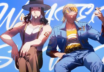 2boys absurdres animal animal_on_shoulder arm_tattoo beard_stubble bird bird_on_shoulder black_hair black_hat blonde_hair commentary_request crossed_legs facial_hair goatee goggles goggles_on_head hair_slicked_back hat hattori_(one_piece) highres holding korean_commentary long_hair looking_at_viewer male_focus multiple_boys necktie one_piece oophytoncideoo orange_necktie paulie_(one_piece) rob_lucci short_hair stubble suspenders tank_top tattoo white_tank_top