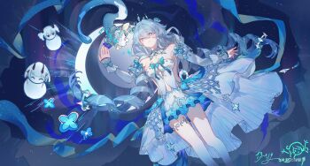 1girl bare_shoulders black_tiara breasts bronya_zaychik character_snowman commentary_request detached_sleeves dress highres honkai_(series) honkai_impact_3rd kiana_kaslana kiana_kaslana_(ba-dum!_fiery_wishing_star) kiana_kaslana_(wintery_wishes) large_breasts long_hair miyoushe_watermark official_alternate_costume raiden_mei rice_cake_(honkai_impact) smile snake solo thighs tiara very_long_hair watermark white_dress white_hair yi_yi