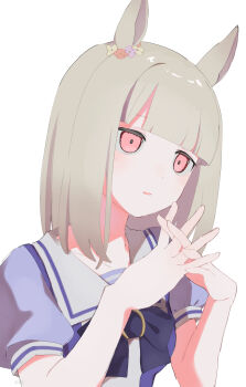1girl absurdres animal_ears blonde_hair blue_eyes blunt_bangs bow bowtie chazuke ear_flower happy_meek_(umamusume) highres horse_ears horse_girl light_blush own_hands_clasped own_hands_together parted_lips puffy_short_sleeves puffy_sleeves purple_bow purple_bowtie purple_shirt sailor_collar school_uniform shirt short_sleeves simple_background solo tracen_school_uniform two-tone_shirt umamusume white_background white_sailor_collar white_shirt yellow_eyes