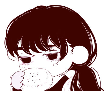 1girl chainsaw_man chibi chibi_only deer60868637 eating food holding holding_food long_hair low_twintails mitaka_asa monochrome shirt solo steamed_bun twintails