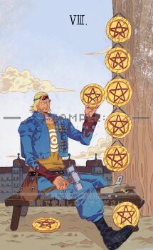 Rule 34 | 1boy, beard stubble, blonde hair, cigar, coin, commentary, facial hair, hair slicked back, hammer, highres, holding, holding hammer, male focus, one piece, outdoors, paulie (one piece), roman numeral, sample watermark, sitting, siyangou49, solo, stubble, watermark