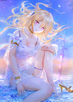 1girl absurdres backlighting bare_shoulders barefoot bikini blonde_hair blue_bikini blue_flower breasts cleavage closed_mouth collarbone commentary_request day floating_hair flower flower_on_liquid foot_out_of_frame gold_choker hair_between_eyes heaven_burns_red highres hugging_own_legs knee_up large_breasts long_hair looking_at_viewer navel ocean off-shoulder_shirt off_shoulder official_alternate_costume outdoors oyama_sou pink_eyes see-through_clothes see-through_shirt see-through_skirt see-through_sleeves shirakawa_yuina shirt sitting skirt smile solo stomach sunlight swimsuit sword thigh_strap thighs toenails toes water weapon white_shirt white_skirt