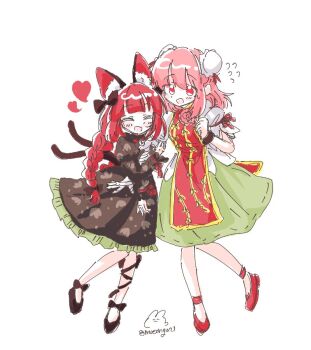 2girls animal_ear_fluff animal_ears arm_hug bandaged_arm bandages black_bow black_dress black_shoes blush bow braid bun_cover cat_ears cat_tail closed_eyes commentary cuffs double_bun dress fang flower flying_sweatdrops full_body green_skirt hair_bow hair_bun heart ibaraki_kasen kaenbyou_rin long_hair long_sleeves mueonga21 multiple_girls multiple_tails nekomata open_mouth pink_eyes pink_flower pink_hair pink_rose red_hair red_shoes red_tabard rose shackles shirt shoes short_sleeves skin_fang skirt smile tabard tail touhou twitter_username two_tails white_shirt