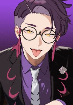 1boy ankekao_chu badge black_jacket collared_shirt commentary_request corbeau_(pokemon) eyelashes glasses gradient_background highres jacket long_sleeves looking_at_viewer male_focus necktie nintendo pokemon pokemon_legends:_z-a purple_background round_eyewear shirt short_hair solo tongue tongue_out twitter_username undercut white_necktie yellow_eyes