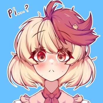 1girl :&lt; absurdres animal animal_on_head baby_animal bird bird_on_head blonde_hair blue_background blush chick closed_mouth commentary english_commentary highres multicolored_hair niwatari_kutaka on_head outline red_eyes red_hair rownou short_hair simple_background sweat touhou two-tone_hair upper_body white_outline