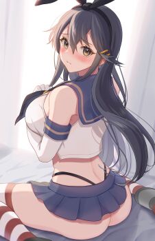 Rule 34 | 1girl, ass, bed, black hair, black hairband, black neckerchief, black panties, blue sailor collar, blue skirt, blush, breasts, brown eyes, closed mouth, commentary request, cosplay, crop top, curtains, elbow gloves, embarrassed, from behind, gloves, hair between eyes, hair ornament, hairband, hairclip, haruna (kancolle), highleg, highleg panties, highres, kantai collection, large breasts, long hair, looking at viewer, looking back, microskirt, natsume (natsume melio), neckerchief, panties, pleated skirt, revision, sailor collar, shimakaze (kancolle), shimakaze (kancolle) (cosplay), sideboob, sitting, skirt, solo, striped clothes, striped thighhighs, thighhighs, thong, underwear, wariza, white gloves