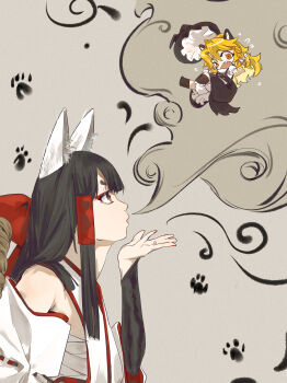 2girls absurdres alternate_costume animal_ear_fluff animal_ears apron babaiwan_fengchui black_skirt black_vest blonde_hair bloomers blowing bow braid bridal_gauntlets brown_eyes brown_hair chest_sarashi chinese_commentary commentary_request detached_sleeves fang flying_sweatdrops fox_ears fox_girl hair_bow hair_tubes hakurei_reimu hat highres japanese_clothes kemonomimi_mode kimono kirisame_marisa mini_person minigirl multiple_girls open_mouth orange_eyes ribbon-trimmed_sleeves ribbon_trim sarashi side_braid single_braid skirt tail touhou underwear vest white_bloomers white_bow white_kimono witch_hat