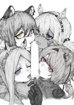 4girls absinthe_(arknights) absurdres animal_ear_piercing animal_ears animal_print arknights bags_under_eyes bear_ears bear_girl blush camel_ears camel_girl commentary_request dark-skinned_female dark_skin food freckles greyscale hair_between_eyes hairband heavyrain_(arknights) highres holding holding_food holding_popsicle licking_food long_hair looking_at_viewer monochrome multiple_girls popsicle pov purple_eyes raccoon_ears raccoon_girl red_eyes robin_(arknights) saliva sexually_suggestive simple_background spot_color tongue tongue_out tuye_(arknights) xingyun_mantle yellow_eyes zebra_ears zebra_girl zebra_print