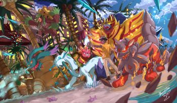 1boy alolan_exeggutor alolan_form blue_sky breath_weapon brown_shoes bucket_hat building chien-pao cloud club club_(weapon) coconut coconut_tree colored_sclera commission dark-skinned_male dark_skin day embers fangs fire floral_print flutter_mane gen_1_pokemon gen_7_pokemon gen_8_pokemon glowing glowing_eyes hat hisuian_arcanine holding holding_club holding_mask holding_tera_orb holding_weapon ice icy_wind_(pokemon) legendary_pokemon mask midair mochachiiino muscular nintendo ogerpon ogerpon_(hearthflame_mask) open_mouth outdoors palm_tree pants pixiv_commission pokemon pokemon_(creature) pokemon_move print_hat print_shirt red_sclera rillaboom sand shellder shirt shoes short_sleeves signature sky smile spiked_club standing tera_orb tree water weapon yellow_eyes yellow_shirt zamazenta zamazenta_(crowned)