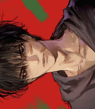 Rule 34 | 1boy, absurdres, bandaid, bandaid on cheek, bandaid on face, black eyes, black hair, black shirt, closed mouth, collarbone, commentary request, dutch angle, eyelashes, grey hoodie, hair between eyes, highres, hood, hood down, hoodie, kkuekkue (chifer1958), korean commentary, looking at viewer, male focus, parted lips, portrait, realistic, red background, rukawa kaede, shirt, short hair, sideways, simple background, slam dunk (series), solo