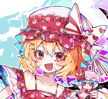 +_+ 1girl alternate_costume bat_wings blonde_hair blue_hair collarbone fang flandre_scarlet hair_ornament hat heart internet_survivor looking_at_viewer mob_cap open_mouth portrait red_eyes remilia_scarlet short_hair short_sleeves sia_6767 smile spaghetti_strap touhou upper_body wings