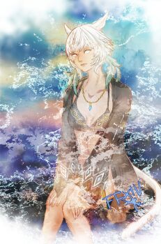 1girl animal_ears bikini black_bikini blind breasts cat_ears cat_girl cat_tail cleavage closed_mouth collarbone copyright_name dark-skinned_female dark_skin facial_mark feather_hair_ornament feathers final_fantasy final_fantasy_xiv gold_necklace hair_ornament hands_on_own_knees jewelry long_sleeves medium_breasts midriff miqo'te necklace official_alternate_costume ruka_(blueplus84) short_hair sitting slit_pupils solo swimsuit tail whisker_markings white_eyes white_hair white_tail y'shtola_rhul