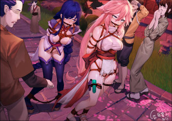 3boys 3girls absurdres animal_ears architecture arms_behind_back ball_gag bdsm bondage bound bound_ankles bound_arms braid breasts brown_kimono brown_shirt chen_zi cherry_blossoms crotch_rope dildo east_asian_architecture female_ejaculation female_orgasm floppy_ears fox_ears gag gagged genshin_impact geta grass grey_kimono hair_between_eyes highres japanese_clothes kimono large_breasts leaning_forward long_hair low-braided_long_hair low-tied_long_hair multiple_boys multiple_girls orgasm outdoors pavement pink_hair public_indecency purple_hair purple_kimono purple_thighhighs pussy_juice raiden_shogun restrained rolling_eyes saliva sex_toy shibari shibari_over_clothes shirt shorts shrug_(clothing) signature sleeveless sleeveless_shirt thighhighs torn_clothes undershirt very_long_hair vibrator vibrator_in_thigh_strap walking white_shirt white_shorts wiffle_gag yae_miko