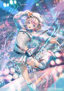 1girl bisaiiiii blonde_hair cropped_sweater crowd hat hololive hololive_dev_is leotard lightstick miniskirt official_art pleated_skirt short_hair shorts skirt solo_focus stage sweater todoroki_hajime two_side_up virtual_youtuber white_hat white_leotard white_shorts white_skirt white_sweater