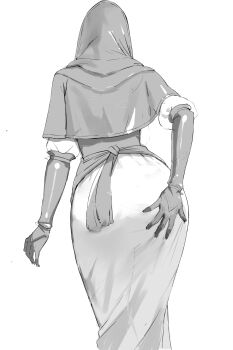 Rule 34 | 1girl, absurdres, ass, black capelet, black hood, capelet, cowboy shot, dress, elbow gloves, elden ring, elden ring nightreign, from behind, gloves, grabbing own ass, greyscale, highres, monochrome, nun, puffy sleeves, smurtz, solo, tight clothes, undertaker (elden ring), white background, white dress