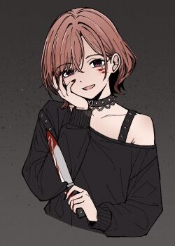 1girl black_choker black_nails black_shirt blood blood_on_face blood_on_hands bloody_knife brown_hair choker commentary_request cropped_torso fingernails hand_on_own_face highres higuchi_madoka holding holding_knife idolmaster idolmaster_shiny_colors knife long_sleeves looking_at_viewer mole mole_under_eye nail_polish open_mouth purple_eyes qaqyes_re shirt short_hair smile solo studded_choker yandere