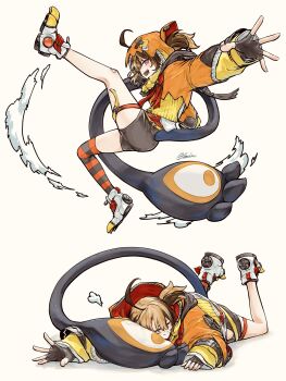 1girl absurdres ahoge bike_shorts black_gloves black_shorts blonde_hair brown_hair closed_eyes closed_mouth commentary dynamic_pose feet_up fingerless_gloves from_side gigi_murin gigi_murin_(1st_costume) gloves hair_between_eyes highres hololive hololive_english hood hoodie kicking large_tail looking_at_viewer lying multicolored_hair multiple_views on_stomach open_mouth orange_hood orange_hoodie outstretched_arms paw_shoes pink_eyes puff_of_air shoes shorts shozoku sideways_glance simple_background sleeves_past_wrists smile spread_arms symbol-only_commentary tail tail_pillow thigh_strap twitter_username two-tone_hair virtual_youtuber white_background white_shoes