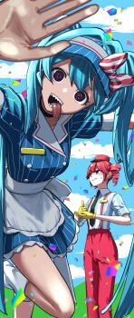 2girls @_@ absurdres apron aqua_hair averting_eyes black_choker black_eyes black_mouth black_necktie blue_dress blue_sky bow breasts choker cloud collared_shirt confetti crazy crazy_eyes distress_hand_signal dress drill_hair false_smile frilled_apron frills gloves grasslands grin hair_between_eyes hat hat_bow hatsune_miku head_tilt highres kasane_teto knee_up leg_up leg_warmers long_hair looking_at_viewer mesmerizer_(vocaloid) mind_control mini_hat multiple_girls nanao_itsuki narrow_waist necktie nervous open_mouth outstretched_hand pants pinstripe_dress pinstripe_hat pinstripe_pattern pov reaching reaching_towards_viewer red_eyes red_hair red_hat red_pants red_suspenders shaded_face sharp_teeth shirt short_sleeves sky small_breasts smile standing standing_on_one_leg striped_clothes striped_shirt sweatdrop teeth thumbs_up tongue tongue_out turn_pale twin_drills twintails utau very_long_hair visor_cap vocaloid waist_apron white_apron white_leg_warmers yellow_gloves