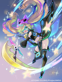 1girl black_jacket black_skirt black_thighhighs blonde_hair blue_hair copyright_notice cropped_jacket eldora_(wixoss) holding holding_scythe jacket long_hair looking_at_viewer multicolored_hair official_art open_mouth pink_hair ren-co scythe skirt smile solo streaked_hair thighhighs twintails very_long_hair wixoss yellow_eyes