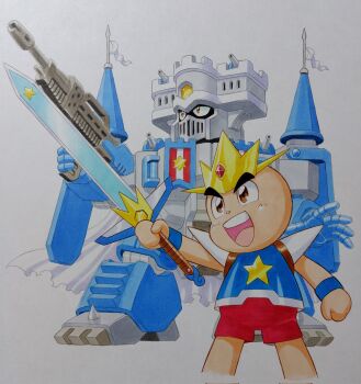 1boy arm_up bald battle_castle_(rpg_densetsu_hepoi) blue_shirt brown_eyes cannon castle commentary_request flag gun headpiece hepoi_de_pooh highres holding holding_gun holding_sword holding_weapon male_focus mecha mizutani_kenta open_mouth print_shirt red_shorts robot rpg_densetsu_hepoi shirt shorts shoulder_cannon shoulder_pads simple_background smile spikes spire standing star_(symbol) star_print sword teeth traditional_media upper_teeth_only weapon white_background wristband