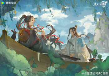 2boys absurdres ahoge alcohol animal animal_on_lap black_hair black_hanfu black_rabbit_(animal) blue_sky boat chinese_clothes chinese_commentary closed_mouth cloud commentary_request copyright_name couple day floating_hair grey_eyes guqin hair_ribbon hanfu headband highres holding_jug instrument jug_(bottle) lake lan_wangji leaf liquor long_hair long_sleeves looking_at_viewer lotus_leaf lotus_pod male_focus mdzs_official modao_zushi mountain multiple_boys music official_art on_boat on_lap outdoors playing_instrument ponytail rabbit red_ribbon ribbon robe sidelocks sitting sky smile topknot tree wangji_guqin water watercraft watermark wei_wuxian weibo_watermark white_hanfu white_headband white_rabbit_(animal) wide_sleeves willow xiao_guan_(headdress) yaoi yellow_eyes