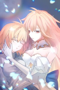 0ren_10 2girls ahoge archetype_earth arcueid_brunestud bare_shoulders blonde_hair blue_bow blue_skirt bow breasts cleavage closed_eyes closed_mouth detached_sleeves dress dress_bow dual_persona expressionless gold_trim hair_intakes hand_on_another's_cheek hand_on_another's_face hashtag-only_commentary jewelry leaning_on_person long_hair looking_at_viewer miniskirt multiple_girls necklace red_eyes short_hair skirt sweater tsukihime tsukihime_(remake) turtleneck turtleneck_sweater wavy_hair white_dress white_sweater