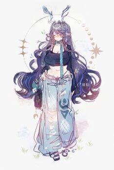 absurdres alternate_costume antler_ornament antlers blue_eyeshadow cheru_(cheruleanart) closed_eyes crop_top deer_antlers eyeshadow female_pubic_hair genshin_impact hair_intakes hair_over_one_eye hand_on_own_hip highres horns lauma_(genshin_impact) long_hair long_sleeves low-cut makeup navel pants pointy_ears pubic_hair sandals torn_clothes torn_pants