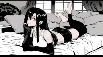 1girl bare_shoulders barefoot bike_shorts black_border black_hair border bored bush collarbone crossed_legs curtains deviantart_logo earrings feet final_fantasy final_fantasy_vii fingerless_gloves gloves greyscale hand_on_own_face highres indoors jewelry lexzandraart long_bangs looking_to_the_side lying midriff monochrome on_bed on_stomach pillow shiny_skin soles solo tank_top the_pose tifa_lockhart window