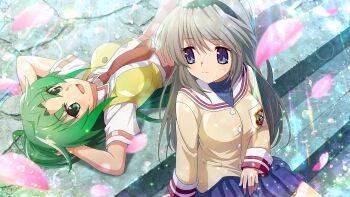Rule 34 | 2girls, artist request, black hairband, blue eyes, blue skirt, breasts, brown jacket, clannad, crossover, game cg, green eyes, green hair, grey hair, hairband, highres, higurashi no naku koro ni, higurashi no naku koro ni mei, hikarizaka private high school uniform, jacket, long hair, long sleeves, looking at another, lying, multiple girls, non-web source, official art, on back, open mouth, pink petals, red skirt, sakagami tomoyo, school uniform, shirt, sitting, skirt, smile, sonozaki mion, sparkle, stairs, stone stairs, vest, white shirt, yellow vest