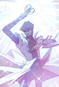 1boy absurdres blue-eyes_white_dragon blue_eyes brown_hair card coat cowboy_shot duel_disk highres holding holding_card holding_wand kaiba_seto male_focus moemoenomori simple_background solo trading_card wand white_background white_coat yu-gi-oh! yu-gi-oh!_duel_monsters