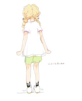 1girl bare_legs black_socks blonde_hair braid commentary dated_commentary from_behind fujita_kotone gakuen_idolmaster highres idolmaster nendo23 shirt short_sleeves shorts sketch socks solo translation_request twin_braids white_shirt white_socks yellow_shorts