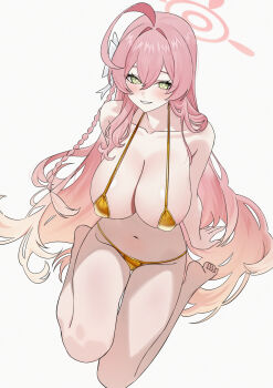 1girl ahoge bikini blue_archive blush bow braid breasts cleavage collarbone green_eyes groin hair_between_eyes hair_bow halo hanako_(blue_archive) highres large_breasts long_hair navel pink_hair pink_halo senapops simple_background smile solo stomach swimsuit thighs white_background white_bow yellow_bikini