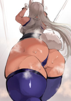 1girl 2021 arms_up ass ass_cheeks ass_focus back backboob boku_no_hero_academia breasts cameltoe dark-skinned_female dark_skin female_focus tail from_behind from_below hero_outfit(mha) higher_resolution_available highres huge_ass large_breasts long_ears long_hair mirko rabbit_ears rabbit_tail simple_background steam steaming_body sweat thick_thighs thighhighs thighs tsubuika_(syugyouaka) wasabi_sushi white_background white_hair