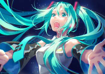 Rule 34 | 1girl, abstract background, aqua eyes, aqua hair, aqua necktie, aqua trim, arm tattoo, artist name, asymmetrical breasts, bare shoulders, black sleeves, blue background, breasts, collared shirt, commentary request, detached sleeves, double-parted bangs, floating hair, floating neckwear, hair between eyes, hair ornament, hands up, hatsune miku, headset, highres, long hair, long sleeves, looking up, making-of available, medium breasts, minami seira, music, necktie, nose, number tattoo, open mouth, protected link, shirt, signature, singing, sleeveless, sleeveless shirt, small breasts, solo, tattoo, teeth, twintails, twitter username, upper body, vocaloid, watermark, white shirt, wide mouth, wing collar