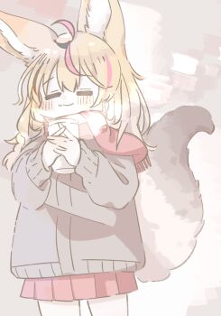 1girl :3 =_= alternate_costume animal_ear_fluff animal_ears black_streaks blonde_hair brown_jacket choko_min cowboy_shot cup double-parted_bangs fox_ears fox_girl fox_tail hair_between_eyes highres holding holding_cup hololive jacket light_blush long_hair miniskirt omaru_polka pink_streaks pleated_skirt red_scarf red_skirt scarf skirt solo steam tail virtual_youtuber