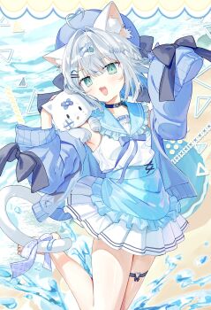 1girl absurdres ahoge animal_ears apron bandaid bandaid_hair_ornament beret blue_apron blue_hat blue_jacket blue_sailor_collar cat_ears cat_girl cat_tail commentary_request commission dress fish_skeleton_hair_ornament green_eyes hair_intakes hair_ornament hairclip hat heart heart_ahoge heart_o-ring highres indie_virtual_youtuber jacket long_sleeves nekomiya_shiromi_(vtuber) o-ring o-ring_thigh_strap off_shoulder open_clothes open_jacket open_mouth roena sailor_collar short_hair skeb_commission sleeveless sleeveless_dress solo tail thigh_strap virtual_youtuber white_dress white_hair