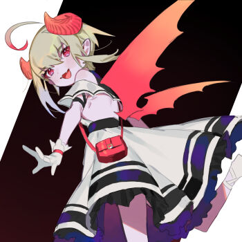 1girl :3 ahoge arm_strap backless_dress backless_outfit bag bare_shoulders belt black_background blush bracelet colored_tips curled_horns demon_girl demon_horns demon_wings dress dutch_angle dyed_ahoge fangs feet_out_of_frame frilled_dress frills from_behind from_below gloves grey_hair hair_between_eyes handbag highres horns jewelry long_dress looking_at_viewer looking_back makaino_ririmu makaino_ririmu_(1st_costume) multicolored_hair nijisanji off-shoulder_dress off_shoulder open_mouth outstretched_arms pointy_ears red_bag red_eyes red_horns red_streaks red_wings short_hair shoulder_bag sidelocks simple_background solo spread_arms standing standing_on_one_leg streaked_hair virtual_youtuber white_dress white_gloves wings yagita_(astronomie)
