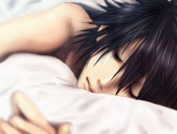 1boy bags_under_eyes black_hair blurry closed_mouth commentary_request death_note hair_between_eyes l_(death_note) lying male_focus meronica on_stomach parted_lips short_hair sleeping solo teeth