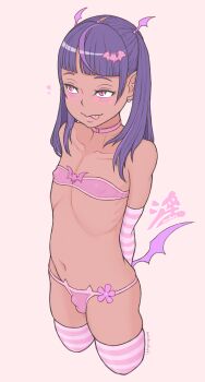 1boy :p a_kun bare_shoulders blunt_bangs blush bulge choker commentary_request covered_erect_nipples cropped_legs dark-skinned_male dark_skin demon_boy demon_wings elbow_gloves gloves heart highres long_hair male_focus navel original paid_reward_available pink_eyes purple_hair simple_background slit_pupils smile solo strapless striped_clothes striped_gloves striped_thighhighs thighhighs tongue tongue_out trap tube_top twintails wings