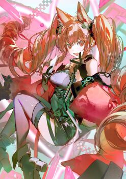 Rule 34 | 1girl, :d, absurdres, angelina (arknights), animal ear fluff, animal ears, arknights, arknights: endfield, bare shoulders, black boots, black dress, black gloves, black thighhighs, boots, bracelet, breasts, broom, coat, dress, drill hair, finger to cheek, fold-over boots, foot out of frame, fox ears, fox girl, gilberta (arknights), gloves, grey dress, high collar, highres, impossible clothes, impossible dress, infection monitor (arknights), jewelry, long hair, long sleeves, looking at viewer, majiro (mazurka), medium breasts, off shoulder, open clothes, open coat, open mouth, orange eyes, orange hair, pantyhose, red coat, red eyes, short dress, sleeveless, sleeveless dress, smile, solo, thighhighs, twin drills, twintails, white background