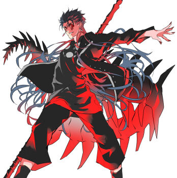 1boy black_hair commentary cu_chulainn_(fate) cu_chulainn_alter_(fate) earrings facial_mark fate/grand_order fate_(series) feet_out_of_frame gae_bolg_(fate) gradient_hair jacket jewelry kg_kkgg long_hair looking_at_viewer male_focus multicolored_hair pants polearm red_eyes simple_background solo weapon white_background