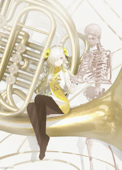 1girl absurdres black_pantyhose closed_mouth commentary dress flower french_horn full_body grey_hair hair_flower hair_ornament hair_over_one_eye highres instrument isekaijoucho jacket kamitsubaki_studio lizibao long_hair long_sleeves looking_at_viewer no_shoes official_alternate_costume oversized_object pantyhose sitting skeleton smile solo sunflower sunflower_hair_ornament triangle virtual_youtuber white_jacket yellow_dress