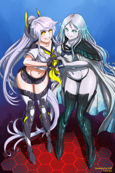 Rule 34 | 2girls, abyssal ship, azur lane, black gloves, black shorts, blush, boots, breasts, cannon, cape, collarbone, commission, crop top, crossover, evil smile, eye trail, gloves, glowing, glowing eyes, hair between eyes, headgear, heart, heart hands, heart hands duo, highres, kantai collection, light trail, long hair, midriff, multiple girls, navel, neckerchief, open mouth, pale skin, pixiv commission, ponytail, purifier (azur lane), purple hair, rigging, sailor collar, sailor shirt, see-through clothes, shirt, short shorts, short sleeves, shorts, siren (azur lane), smile, substance20, ta-class battleship, thigh boots, trait connection, very long hair, white hair, yellow eyes, yellow neckerchief