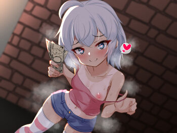 1girl absurdres blush crop_top heart heart-shaped_pupils highres loli looking_at_viewer money nipple_slip nipples one_breast_out petite prostitution short_shorts shorts skindentation smile solo standing steam striped_clothes striped_thighhighs symbol-shaped_pupils tan tanline thighhighs white_hair