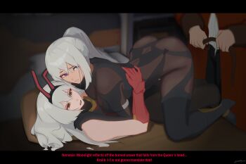 1boy 2girls absurdres animal_ears ass asymmetrical_docking bare_shoulders belt black_bodysuit black_pants body_armor bodysuit boots breast_press breasts coat commander_(girls&#039;_frontline) dark-skinned_female dark_skin english_text fake_animal_ears girls&#039;_frontline girls&#039;_frontline_2:_exilium grey_hair griffin_&amp;_kryuger_military_uniform hair_between_eyes high_heel_boots high_heels highres holding holding_belt hug imminent_penetration krolik_(girls&#039;_frontline_2) large_breasts letterboxed long_hair long_sleeves looking_at_another looking_at_viewer looking_to_the_side lying mechanical_ears multiple_girls nemesis_(girls&#039;_frontline_2) nishibuya official_alternate_costume on_back open_fly open_mouth pants pillow playboy_bunny ponytail purple_eyes rabbit_ears red_coat red_eyes tactical_clothes tactical_playboy_bunny teeth top-down_bottom-up twitter_username upper_teeth_only